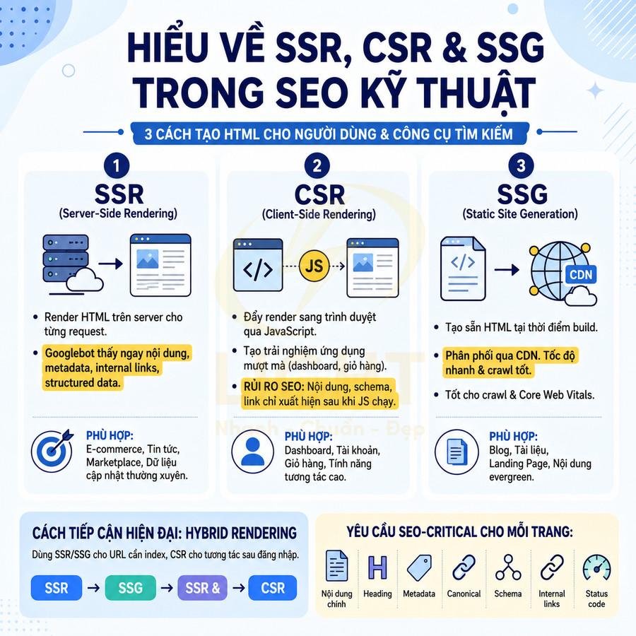 SSR, CSR và SSG khác nhau thế nào với website chuẩn SEO?