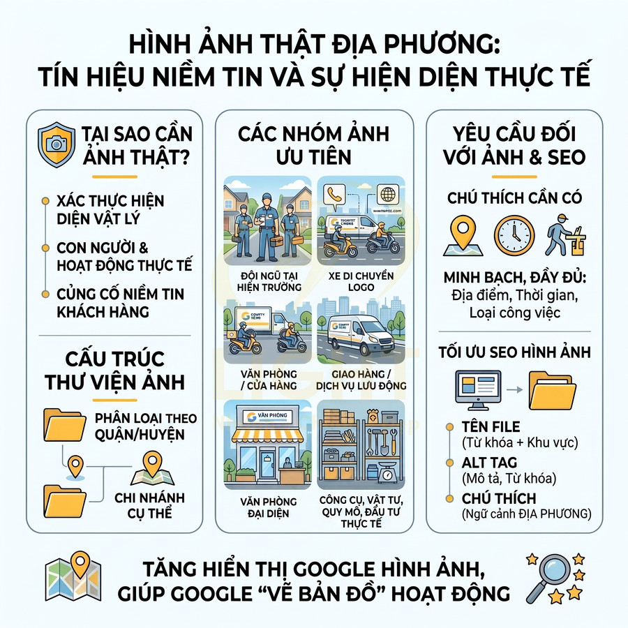 Infographic hướng dẫn chụp ảnh thật địa phương và tối ưu SEO hình ảnh để tăng hiển thị trên Google
