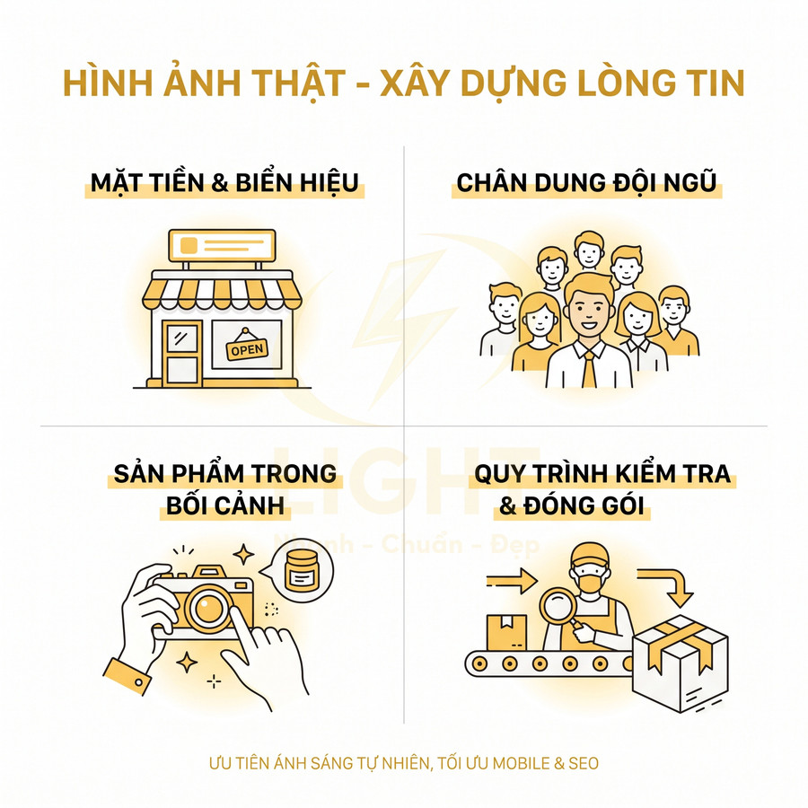 Hướng dẫn chụp ảnh sản phẩm thật gồm mặt tiền cửa hàng, đội ngũ nhân viên, sản phẩm và quy trình đóng gói