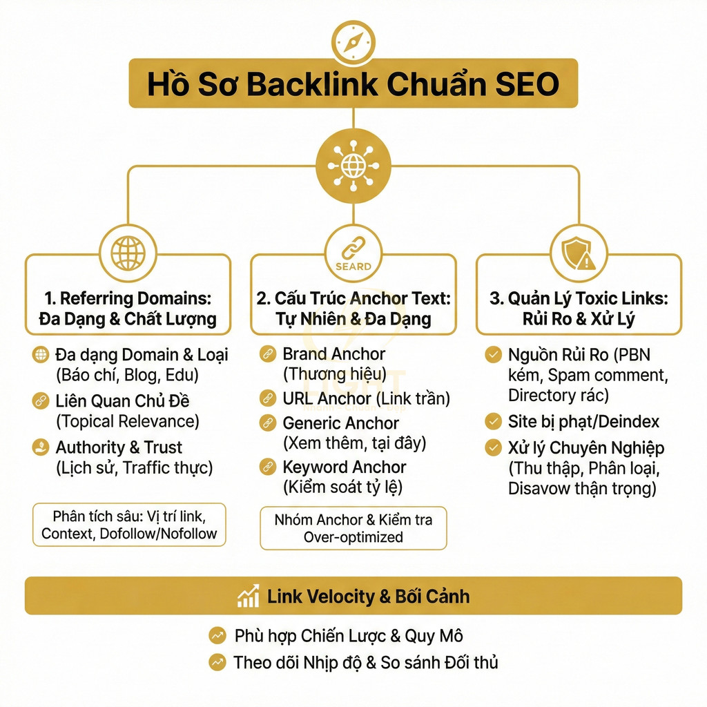 Hướng dẫn xây dựng hồ sơ backlink chuẩn SEO với referring domains, anchor text và quản lý toxic links