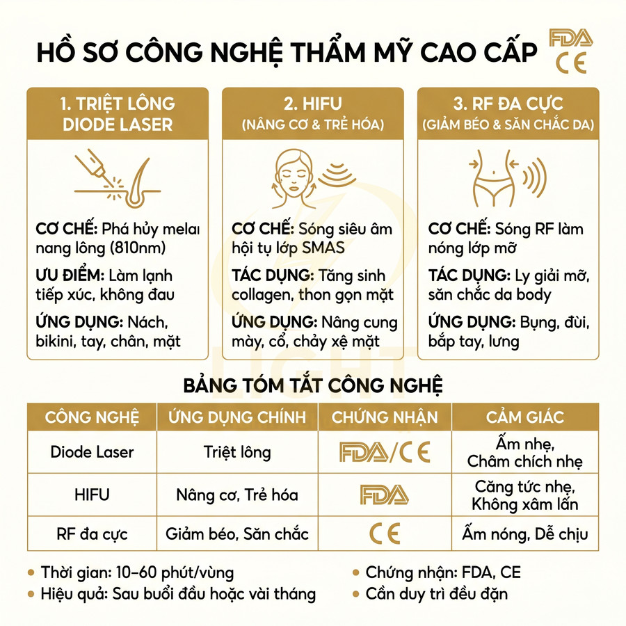 Bảng giới thiệu công nghệ thẩm mỹ cao cấp Diode Laser triệt lông, HIFU nâng cơ trẻ hóa và RF đa cực giảm béo sắn chắc da