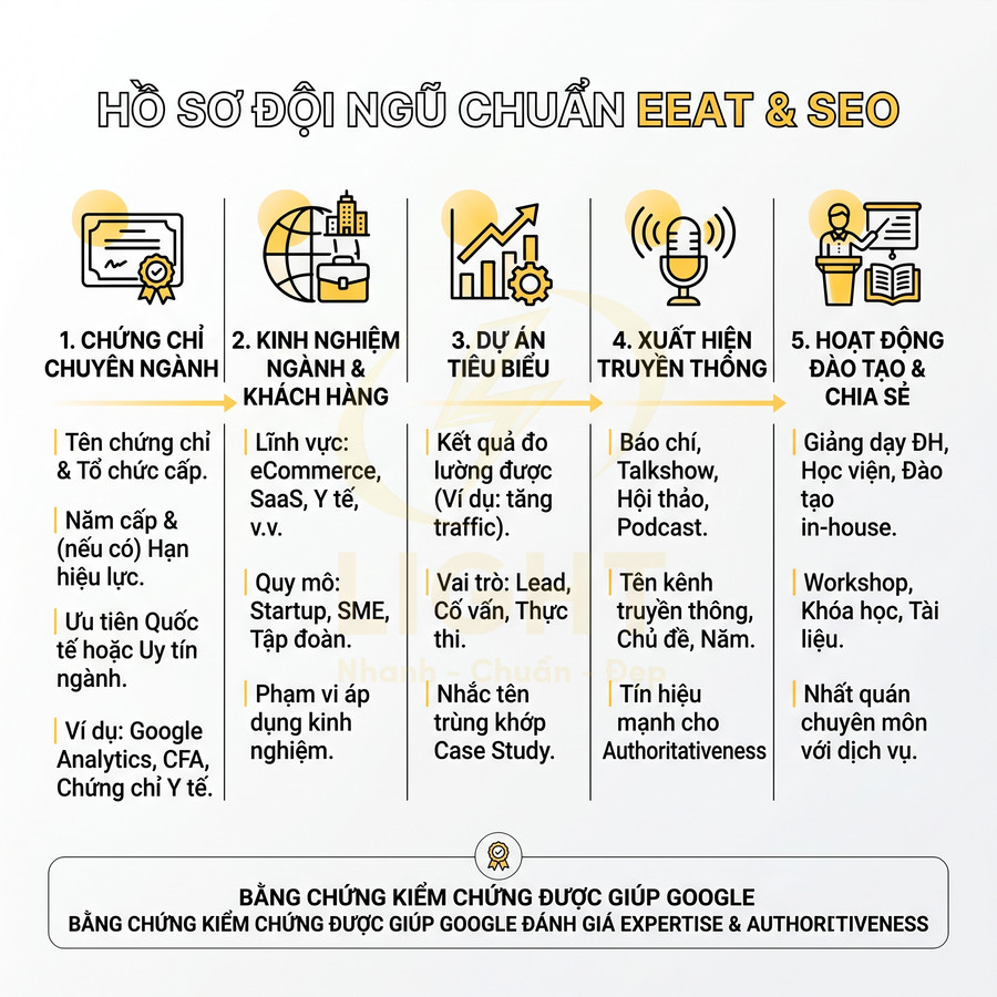 Infographic hồ sơ đội ngũ chuẩn EEAT và SEO với 5 nhóm tiêu chí và bằng chứng kiểm chứng cho Google