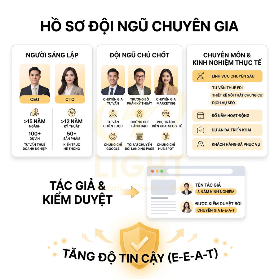 Hồ sơ đội ngũ chuyên gia tư vấn marketing và SEO với sáng lập, đội ngũ chủ chốt, chứng chỉ và kinh nghiệm thực tế