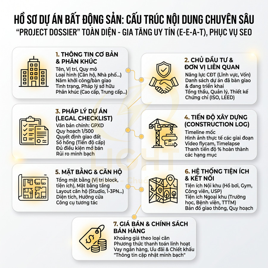 Infographic cấu trúc nội dung hồ sơ dự án bất động sản chi tiết 7 phần phục vụ SEO và tăng uy tín