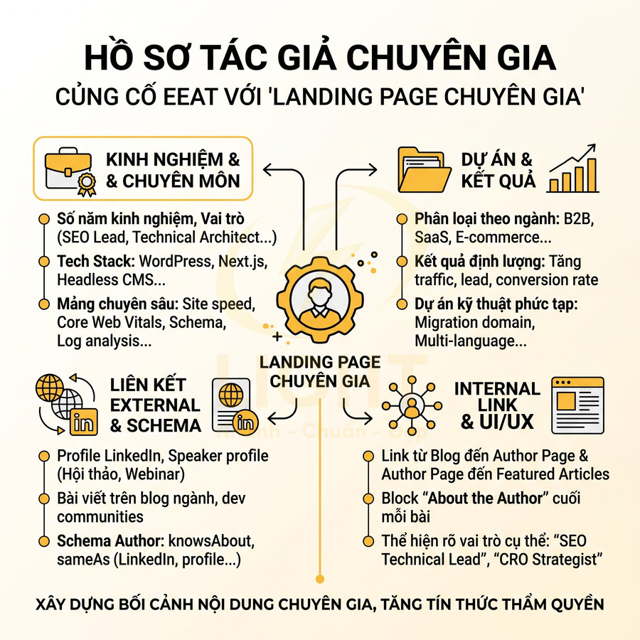 Infographic hồ sơ tác giả chuyên gia với các yếu tố kinh nghiệm, dự án, liên kết external, internal link và landing page chuyên gia