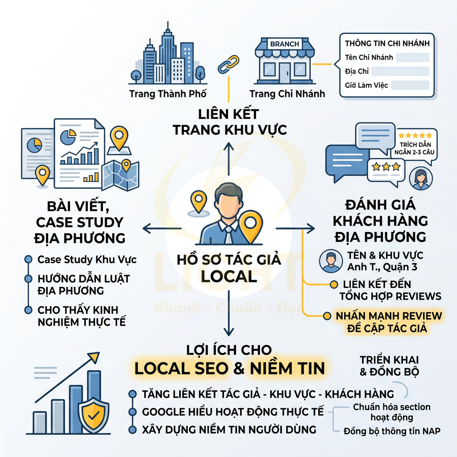 Infographic quy trình xây dựng hồ sơ tác giả local và lợi ích cho chiến lược Local SEO doanh nghiệp