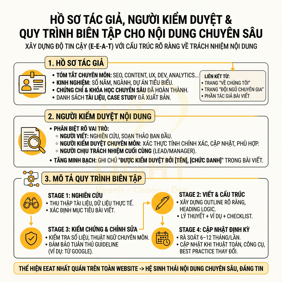 Infographic quy trình hồ sơ tác giả, người kiểm duyệt và biên tập nội dung chuẩn E-E-A-T cho website