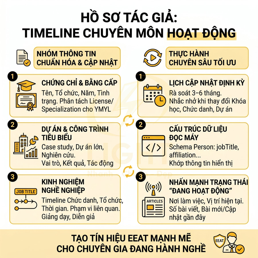 Infographic hướng dẫn xây dựng hồ sơ tác giả chuyên gia với timeline hoạt động và tín hiệu EEAT mạnh mẽ