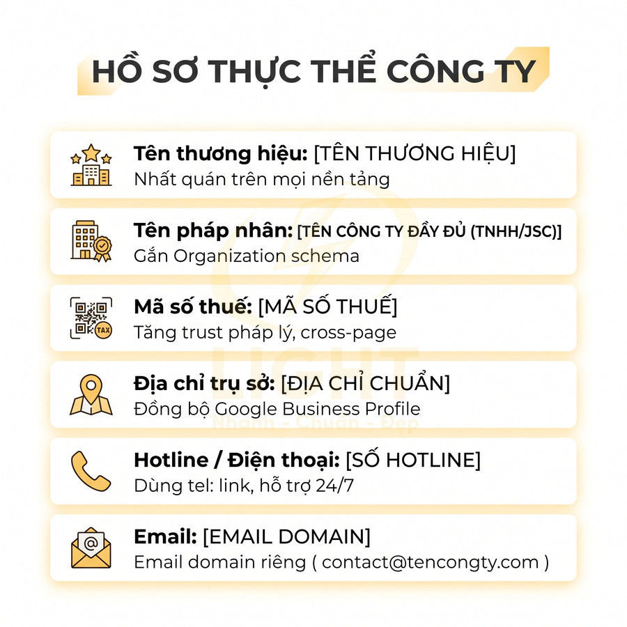 Mẫu hồ sơ thực thể công ty với các mục tên thương hiệu, pháp nhân, mã số thuế, địa chỉ, hotline và email domain