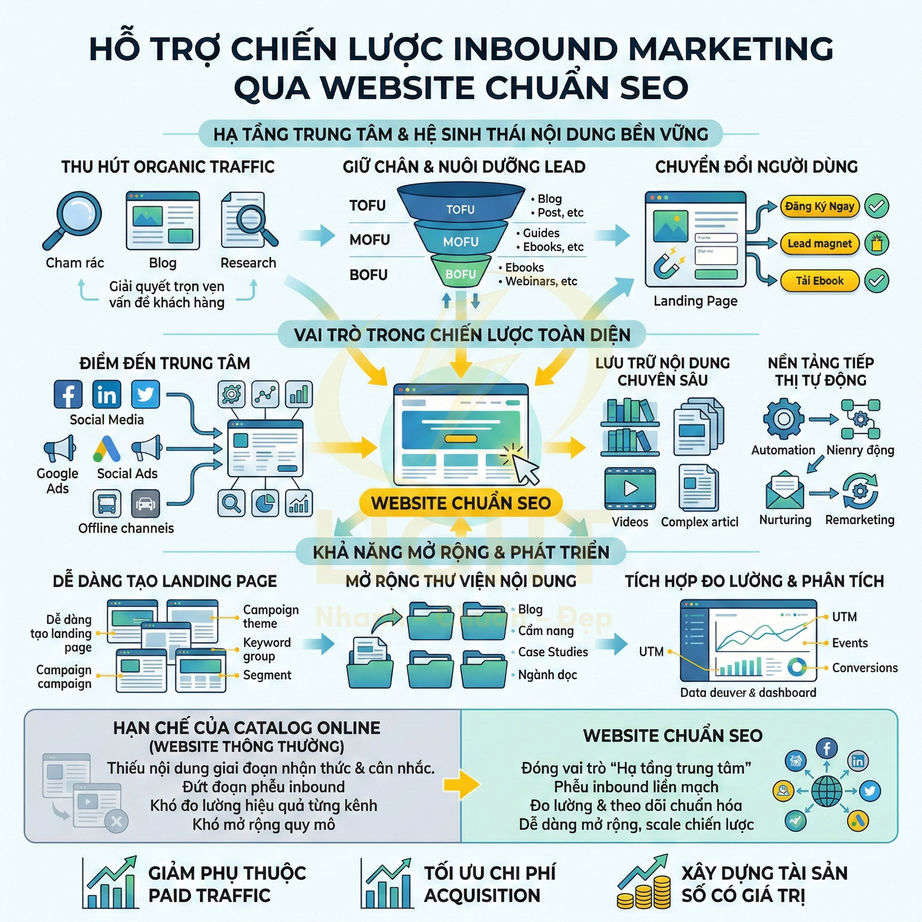 Infographic mô tả vai trò của website chuẩn SEO trong chiến lược inbound marketing và tối ưu chuyển đổi khách hàng
