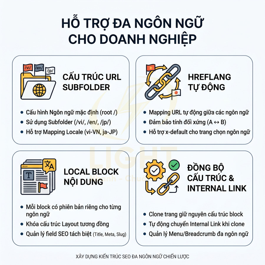 Infographic giới thiệu giải pháp hỗ trợ SEO đa ngôn ngữ cho doanh nghiệp với cấu trúc URL, hreflang và internal link