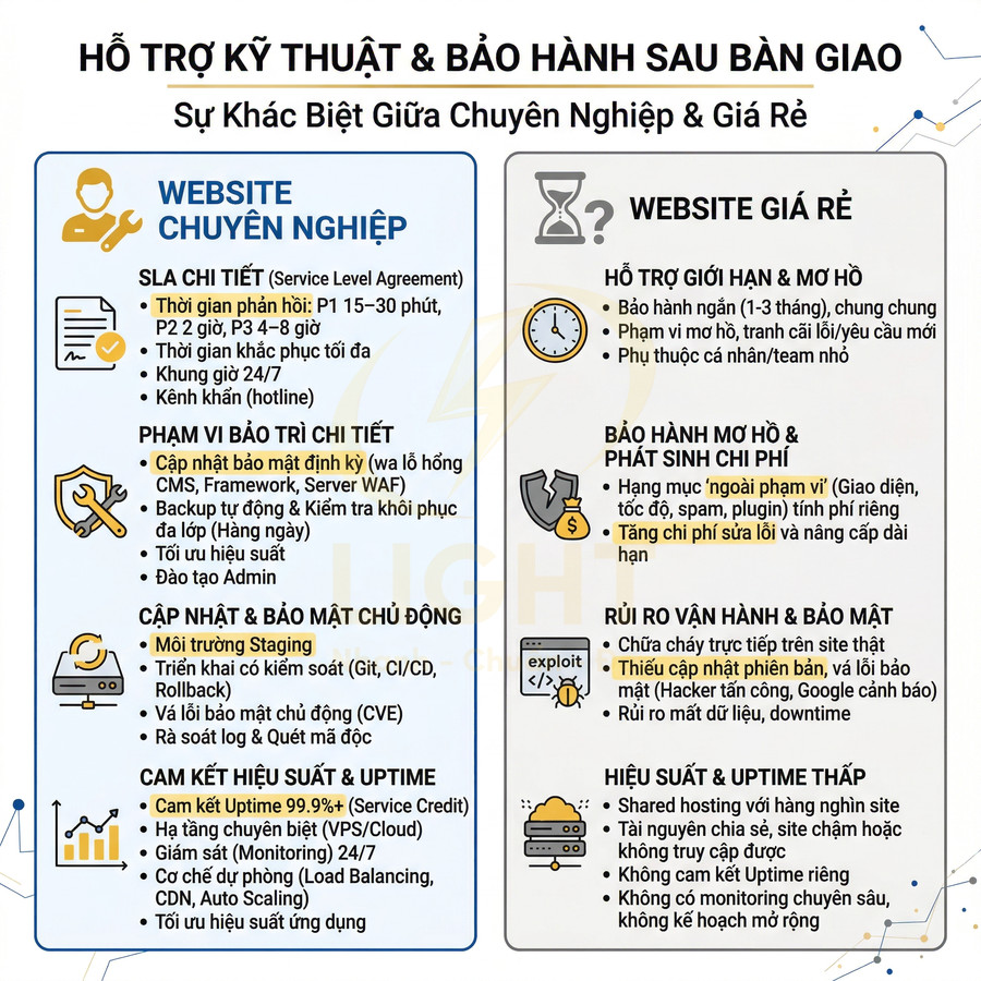 So sánh hỗ trợ kỹ thuật và bảo hành website chuyên nghiệp với website giá rẻ sau bàn giao