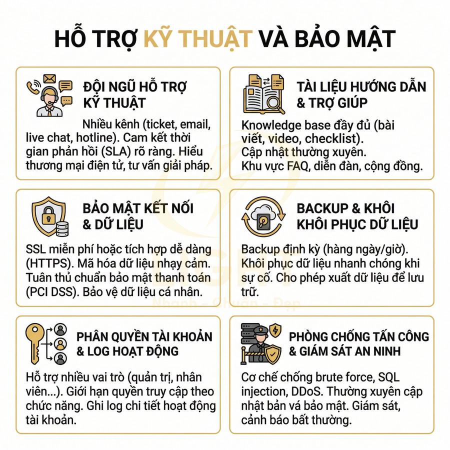 Hỗ trợ kỹ thuật và bảo mật cho website với backup dữ liệu, phân quyền tài khoản, chống tấn công và mã hóa kết nối
