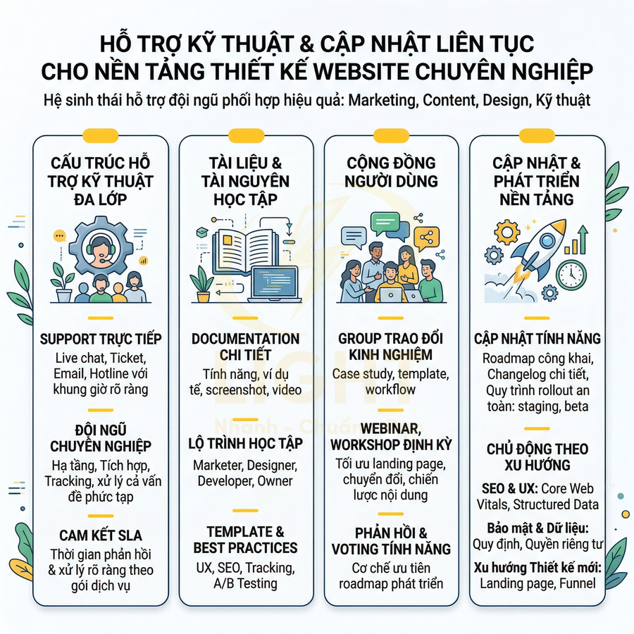 Infographic giới thiệu hệ sinh thái hỗ trợ kỹ thuật và cập nhật nền tảng thiết kế website chuyên nghiệp