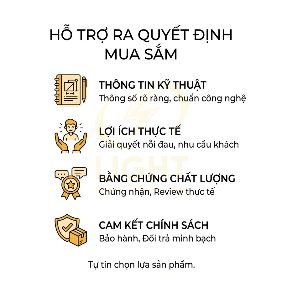 Nội dung hỗ trợ quyết định mua sắm với thông tin kỹ thuật, lợi ích, chứng nhận và cam kết bảo hành sản phẩm