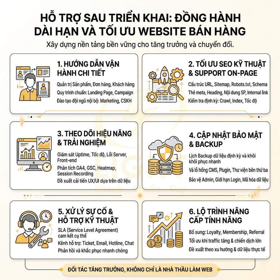 Dịch vụ hỗ trợ sau triển khai tối ưu website bán hàng với 6 hạng mục vận hành, SEO, bảo mật và nâng cấp tính năng
