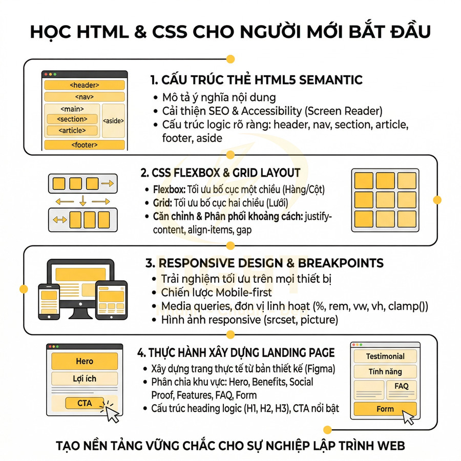 Tóm tắt kiến thức HTML CSS cho người mới: cấu trúc thẻ HTML5, CSS Flexbox Grid, responsive và xây dựng landing page