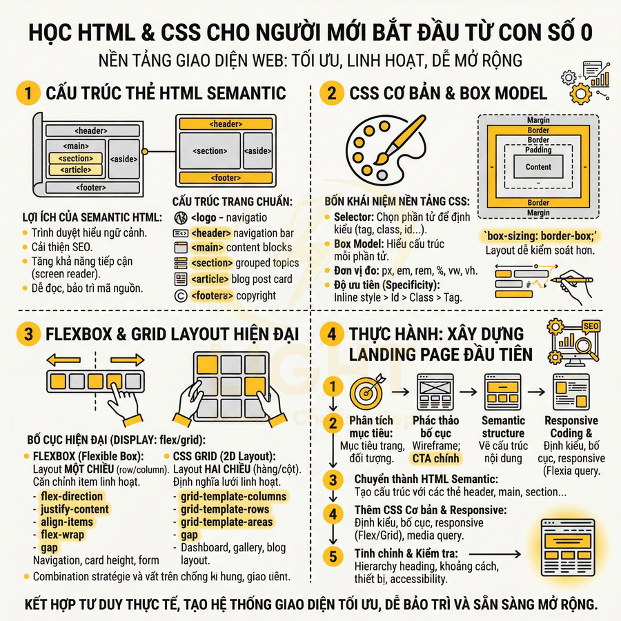 Poster khóa học HTML và CSS cho người mới bắt đầu, giới thiệu nội dung học từ HTML semantic đến thực hành landing page