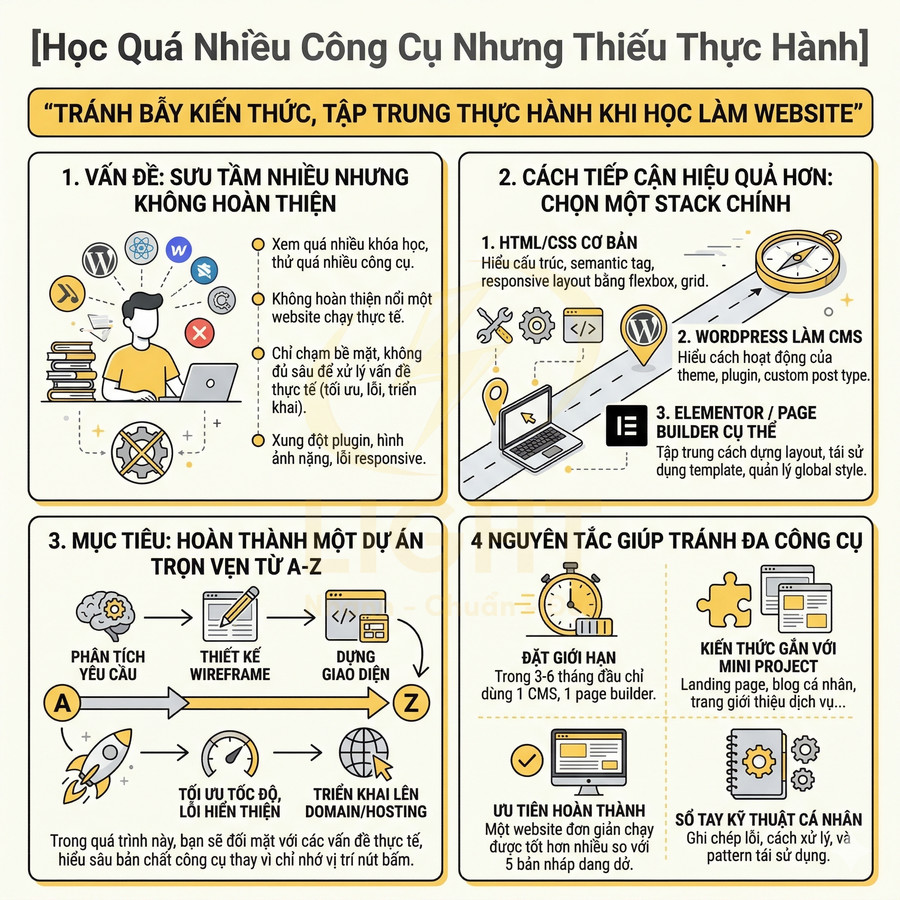 Infographic hướng dẫn học làm website hiệu quả, tập trung thực hành với HTML CSS WordPress và tránh ôm đồm quá nhiều công cụ
