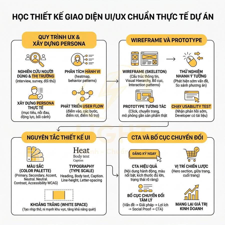 Tổng quan quy trình học thiết kế UI UX thực tế dự án với UX, wireframe, prototype, design system và tối ưu CTA
