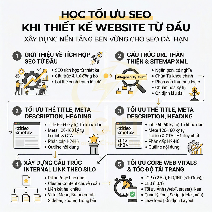 Hướng dẫn tối ưu SEO khi thiết kế website từ đầu với cấu trúc URL, internal link và Core Web Vitals