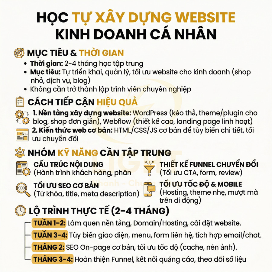 Nội dung khóa học tự xây dựng website kinh doanh cá nhân với lộ trình 2 đến 4 tháng và các kỹ năng cần tập trung