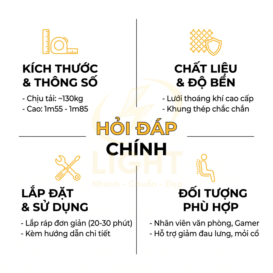 Thông tin ghế công thái học: kích thước, chất liệu lưới thép, lắp đặt đơn giản, phù hợp dân văn phòng gamer
