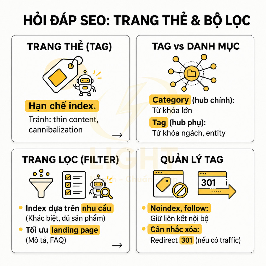 Infographic hướng dẫn tối ưu SEO cho trang thẻ tag, trang lọc sản phẩm và cách quản lý tag trên website