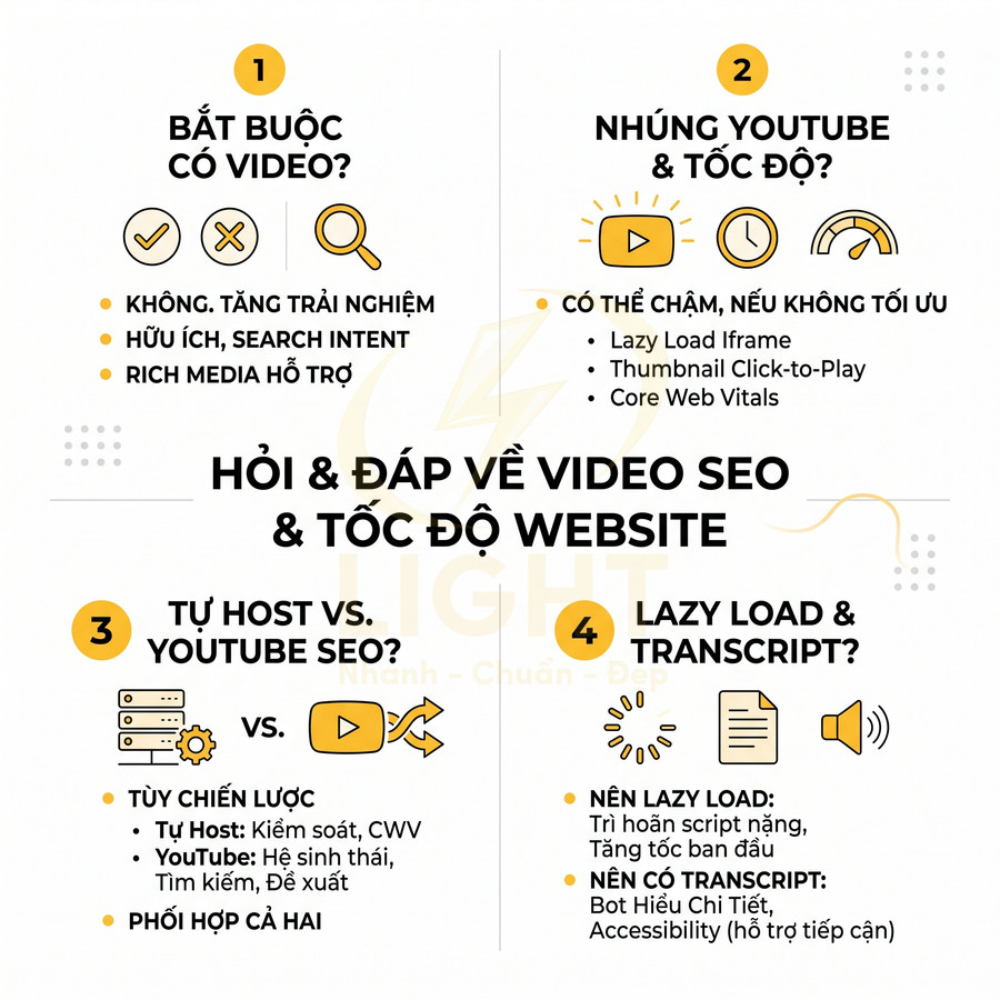Infographic hỏi đáp về video SEO và tốc độ website, so sánh nhúng YouTube, tự host, lazy load và transcript