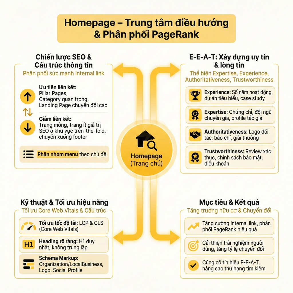 Sơ đồ tối ưu SEO homepage làm trung tâm điều hướng, phân phối PageRank và xây dựng E-E-A-T