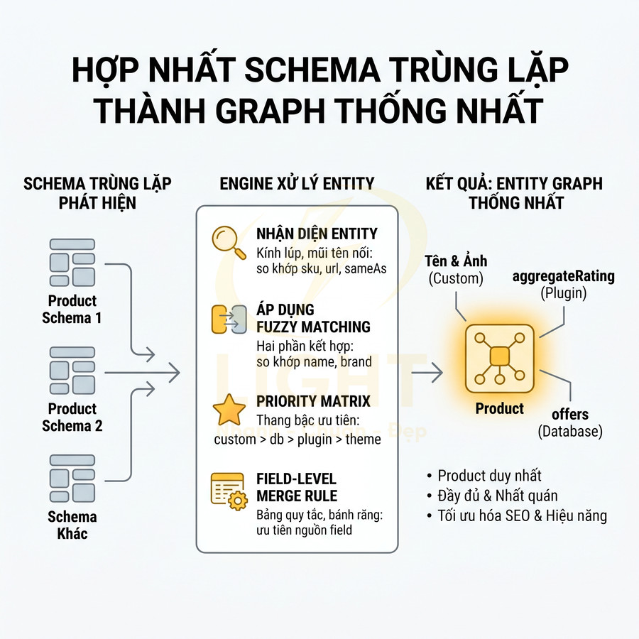 Sơ đồ quy trình hợp nhất schema trùng lặp thành một entity graph sản phẩm thống nhất tối ưu SEO