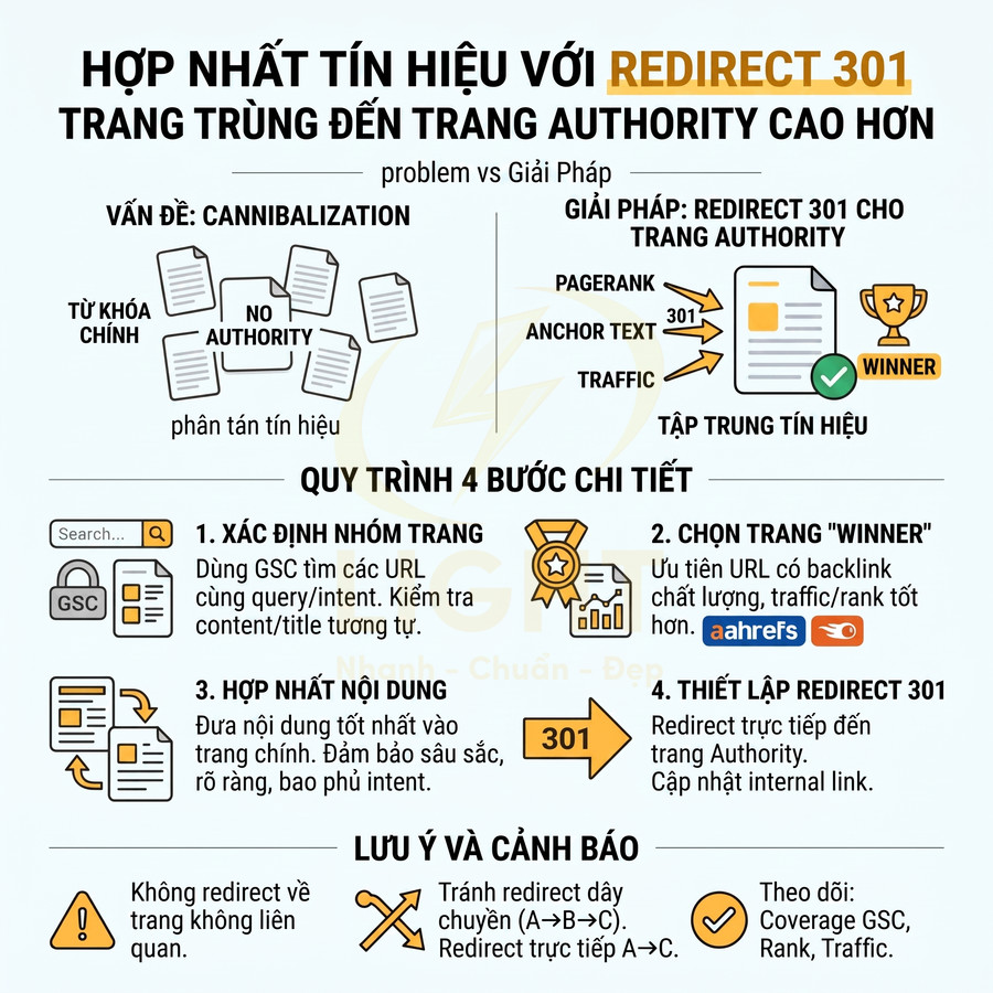 Hướng dẫn SEO hợp nhất tín hiệu với redirect 301, quy trình 4 bước xử lý cannibalization từ khóa