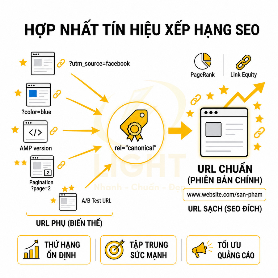 Minh họa cách dùng thẻ canonical hợp nhất URL phụ về URL chuẩn để tối ưu xếp hạng SEO và quảng cáo