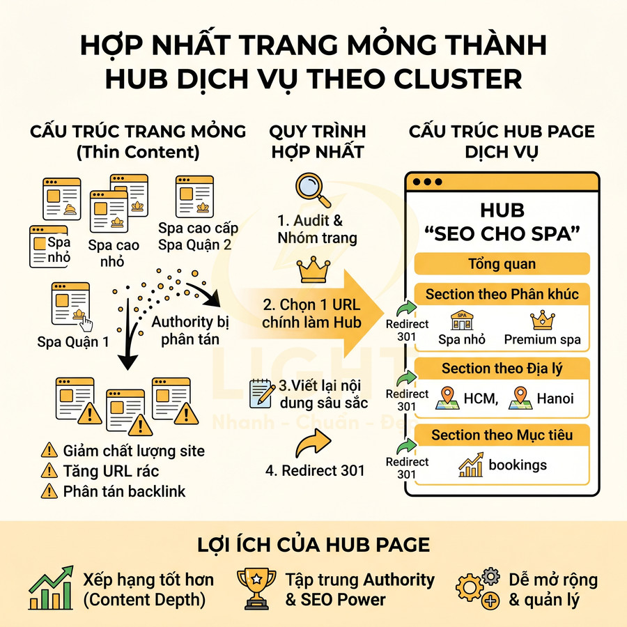 Infographic hướng dẫn hợp nhất trang mỏng thành hub dịch vụ SEO cho spa và lợi ích của hub page