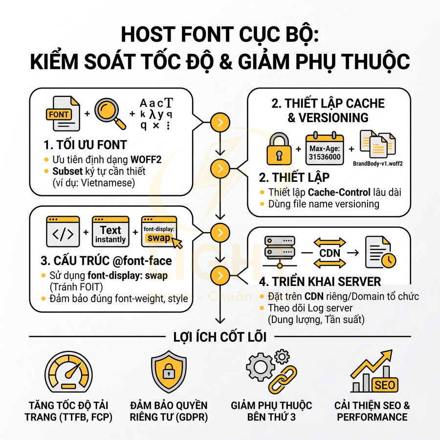 Infographic hướng dẫn host font cục bộ để tối ưu tốc độ tải trang, cache, cấu trúc font face và triển khai server CDN