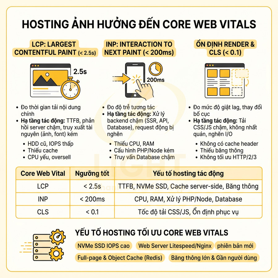 Infographic giải thích hosting ảnh hưởng đến Core Web Vitals và các yếu tố tối ưu LCP INP CLS