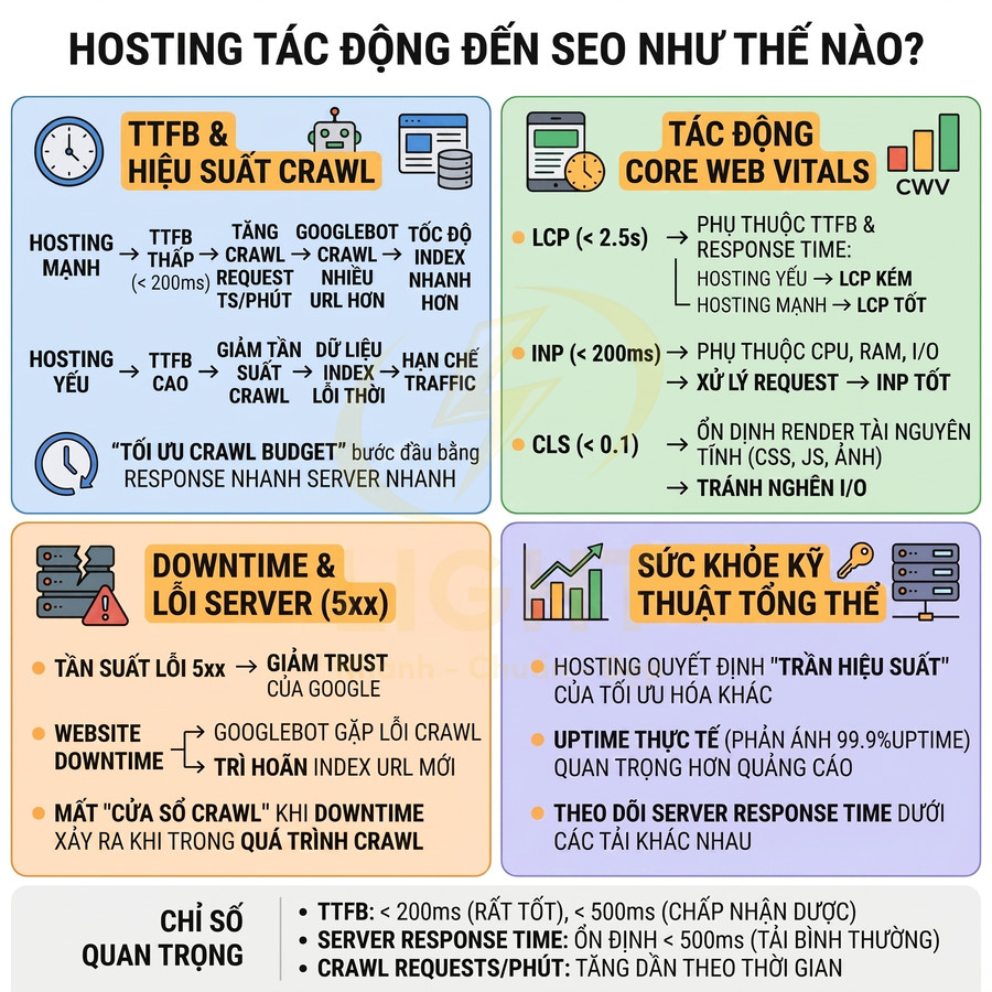 Infographic giải thích hosting ảnh hưởng đến SEO qua TTFB, downtime, Core Web Vitals và sức khỏe kỹ thuật website