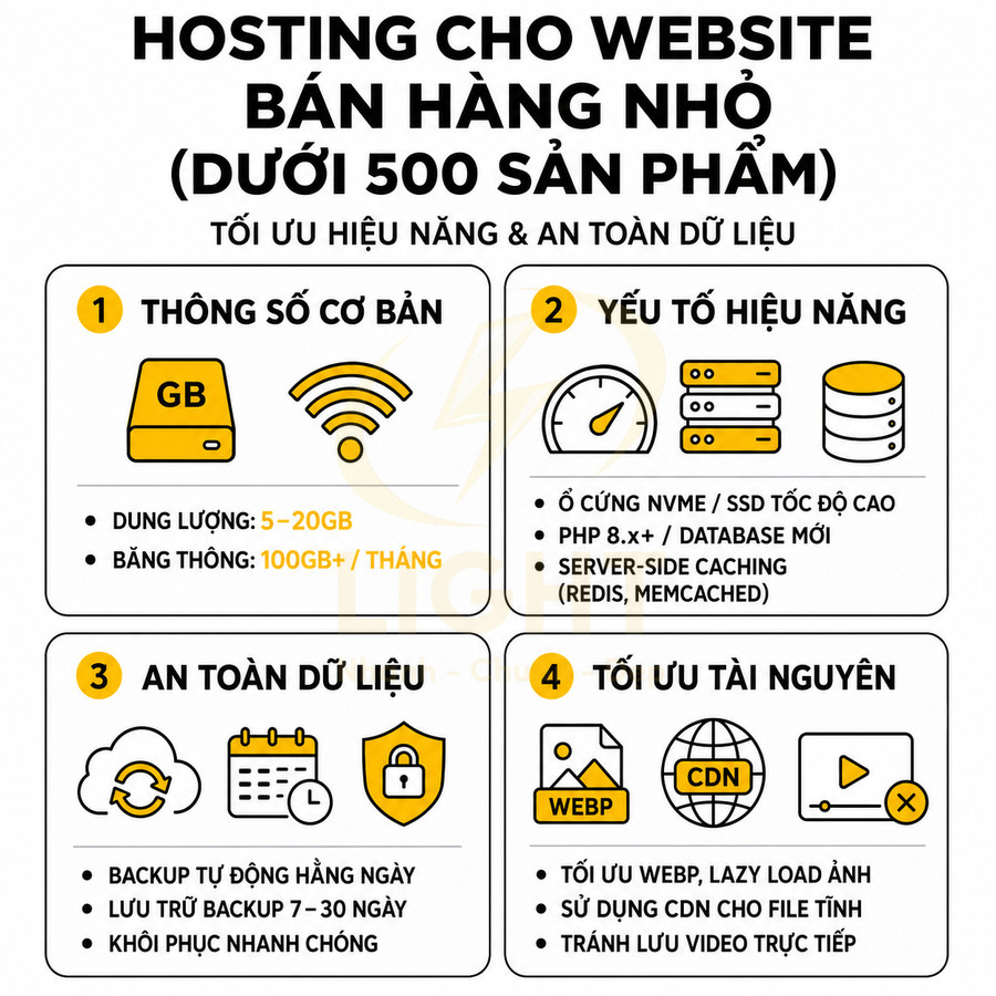 Infographic tiêu chí chọn hosting cho website bán hàng nhỏ dưới 500 sản phẩm tối ưu hiệu năng và an toàn dữ liệu
