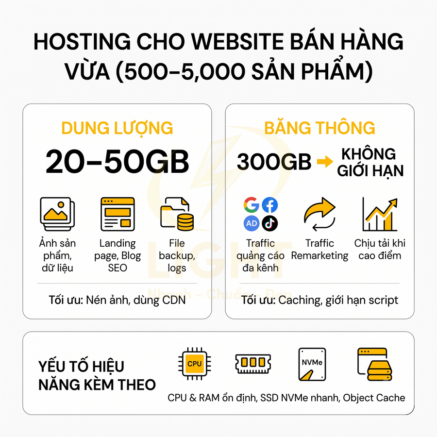 Gói hosting cho website bán hàng vừa dung lượng 20–50GB băng thông 300GB đến không giới hạn và CPU RAM SSD NVMe