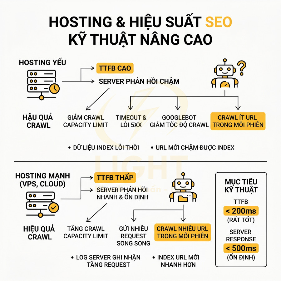 Infographic so sánh hosting yếu và hosting mạnh ảnh hưởng đến TTFB và hiệu suất SEO, crawl URL của website