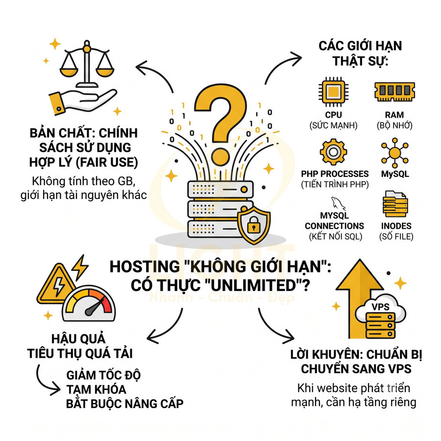Infographic giải thích bản chất hosting không giới hạn, các giới hạn CPU RAM MySQL và khuyến nghị nâng cấp VPS