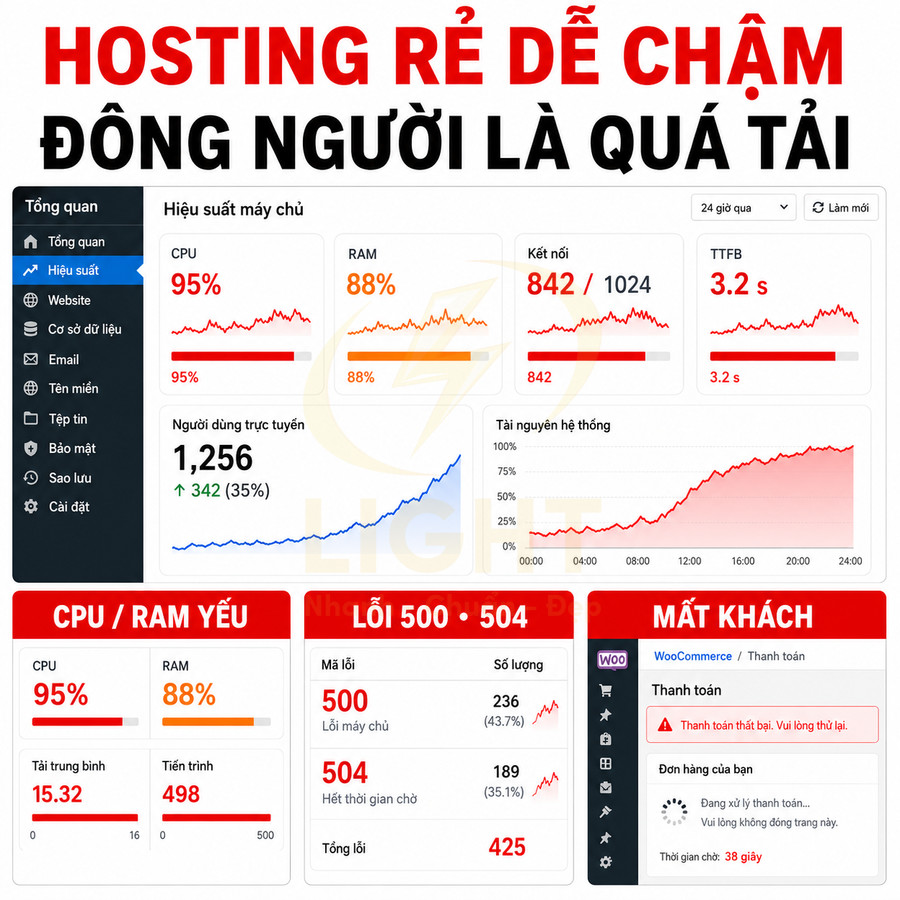 Bảng thống kê hiệu suất hosting giá rẻ với CPU RAM quá tải, nhiều lỗi 500 504 và thông báo thanh toán thất bại