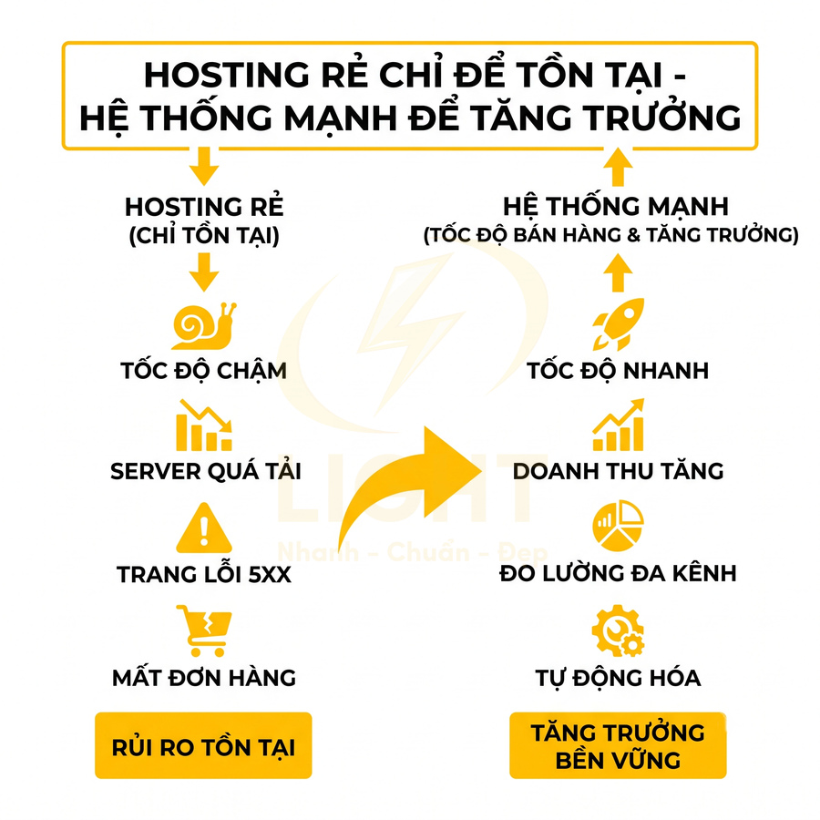 So sánh hosting rẻ và hệ thống hosting mạnh về tốc độ, doanh thu, rủi ro và tăng trưởng bền vững