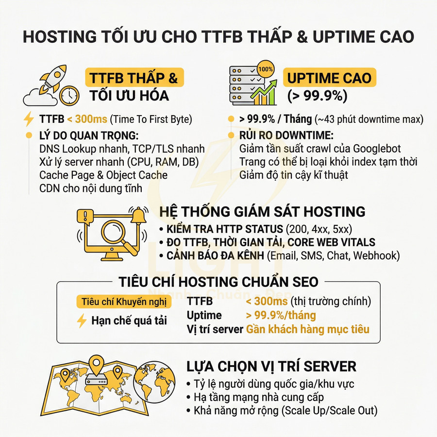 Infographic tiêu chí chọn hosting tối ưu TTFB thấp, uptime cao và vị trí server chuẩn SEO