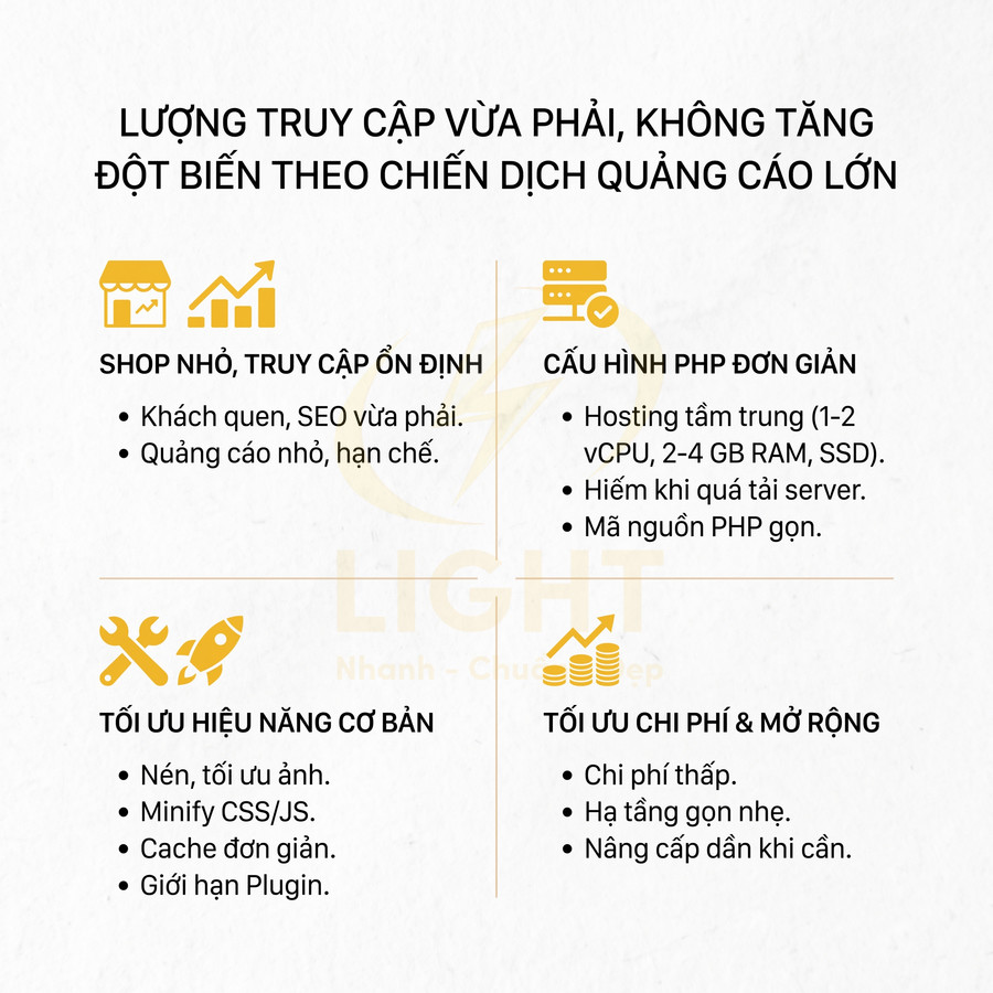 Infographic hosting WordPress cho shop nhỏ, cấu hình PHP đơn giản, tối ưu hiệu năng cơ bản và chi phí mở rộng