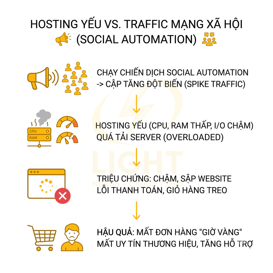 Infographic mô tả hosting yếu không chịu được traffic mạng xã hội, gây lỗi website và mất đơn hàng giờ vàng