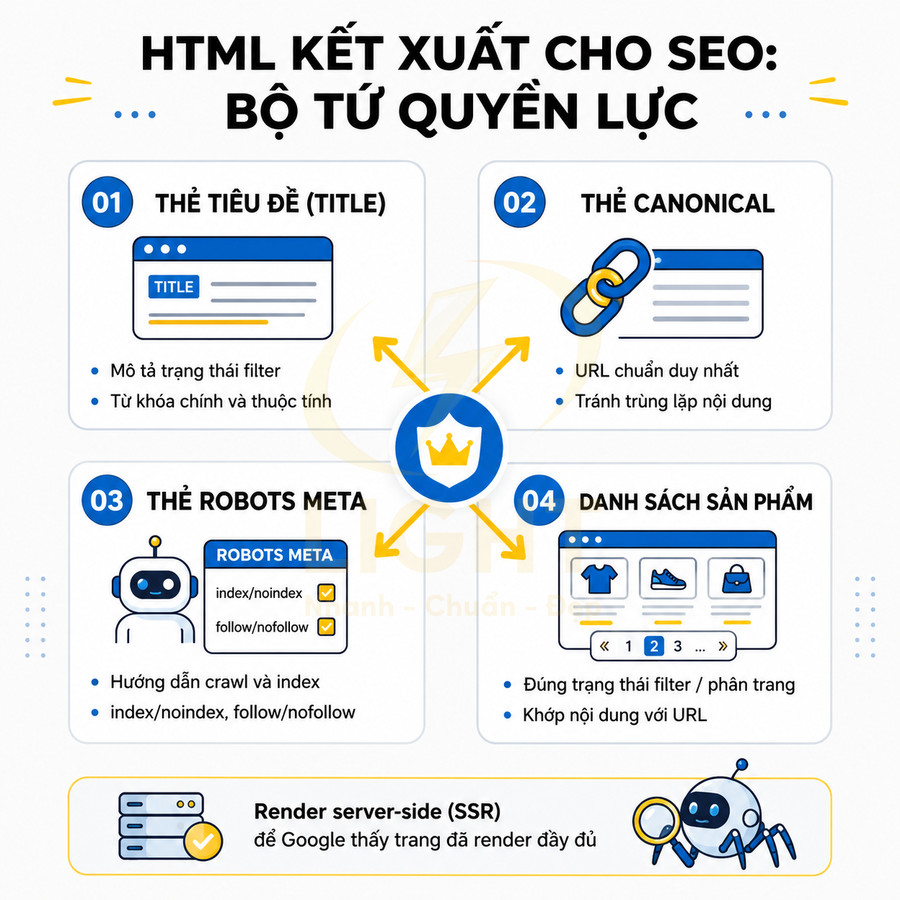 Infographic HTML kết xuất cho SEO với 4 yếu tố: thẻ title, canonical, robots meta và danh sách sản phẩm