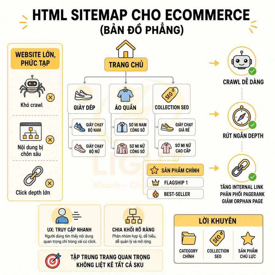 Sơ đồ HTML sitemap cho website ecommerce với cấu trúc trang chủ, danh mục giày dép, áo quần và collection SEO