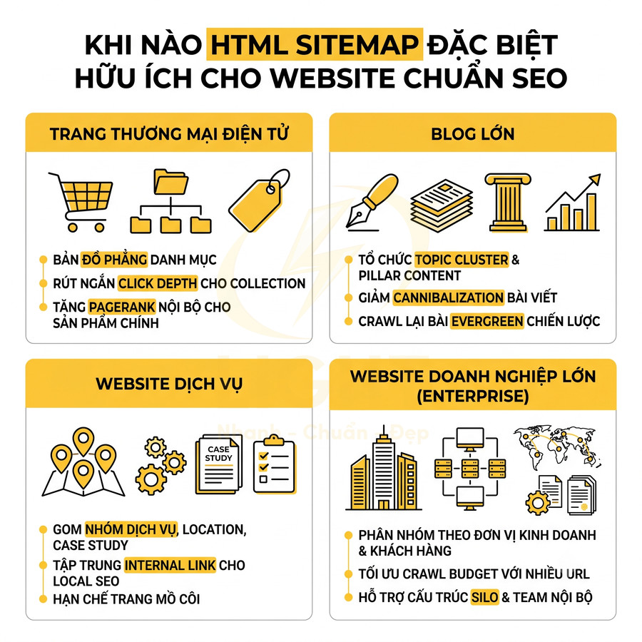 Infographic hướng dẫn khi nào HTML sitemap hữu ích cho website chuẩn SEO cho TMĐT, blog, dịch vụ, doanh nghiệp lớn