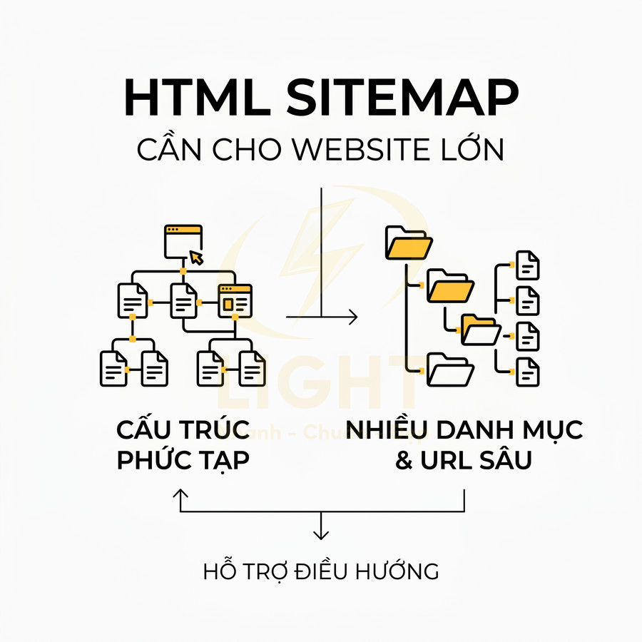 Minh họa lợi ích HTML sitemap cho website lớn với cấu trúc phức tạp nhiều danh mục và URL sâu hỗ trợ điều hướng